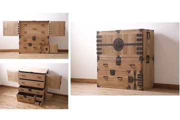 アンティーク家具　明治期　ストリップド(剥離)　総桐材　古い木の杢目が際立つ観音扉の重ね箪笥(タンス、桐箪笥、桐タンス、チェスト、桐たんす)(R-046249)