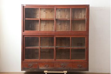 アンティーク家具　昭和初期　前面ヒノキ　赤みがかった木肌が美しい戸棚・重ね(収納棚、キャビネット)(R-046255)