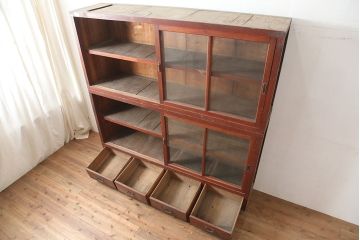 アンティーク家具　昭和初期　前面ヒノキ　赤みがかった木肌が美しい戸棚・重ね(収納棚、キャビネット)(R-046255)