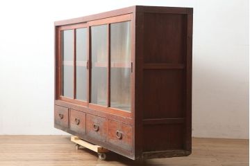 アンティーク家具　昭和初期　前面ヒノキ　赤みがかった木肌が美しい戸棚・下段(収納棚、キャビネット)(R-046257)