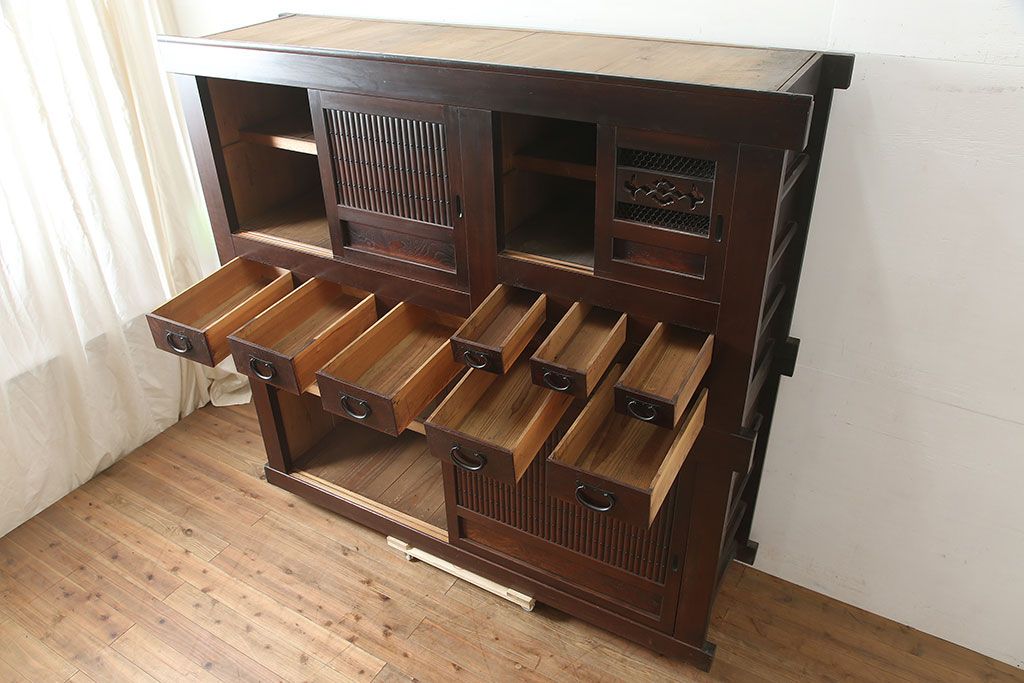 和製アンティーク　明治大正期　丸桟仕上げの気品溢れる近江水屋箪笥・重ね(重ね箪笥、収納棚)(R-046258)