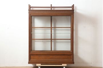 アンティーク家具　昭和初期　タモ材　天枠付き　レトロな薄型ガラスケース(ショーケース、陳列棚)(R-046271)