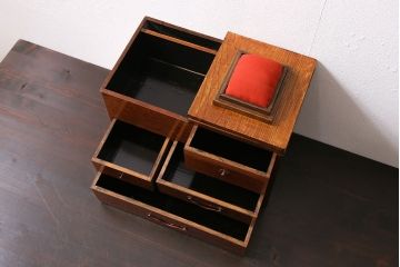 レトロ雑貨　明治大正期　高級!ケヤキ玉杢が美しい裁縫箱(ソーイングボックス、針箱、小引き出し、小物収納)(R-046279)