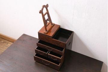 レトロ雑貨　明治大正期　ケヤキ材　漆塗り　鏡台付きの便利な裁縫箱(ソーイングボックス、針箱、小引き出し、小物収納、メイクボックス)(R-046280)