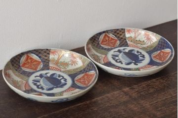 明治期　伊万里焼　色絵6寸皿2枚セット(和食器、中皿)(R-046296)
