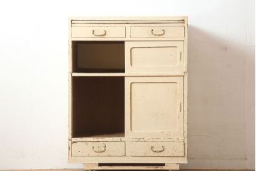 アンティーク家具　昭和初期　作業台付き　レトロなペイントキャビネット(収納棚、食器棚)(R-046307)