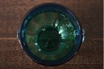 イタリア　ベネチアンガラス　ブルー・グリーン(青緑)　花瓶(サイン有、作家物、ヴェネチアングラス、グラデーション)フラワーベース　花器(R-046318)