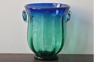 イタリア　ベネチアンガラス　ブルー・グリーン(青緑)　花瓶(サイン有、作家物、ヴェネチアングラス、グラデーション)フラワーベース　花器(R-046318)