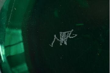 イタリア　ベネチアンガラス　ブルー・グリーン(青緑)　花瓶(サイン有、作家物、ヴェネチアングラス、グラデーション)フラワーベース　花器(R-046318)