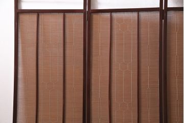 ビンテージ家具　漆塗り　波千鳥の図　凝ったつくりの四連折り畳み式パーテーション(衝立、仕切り)(R-046354)