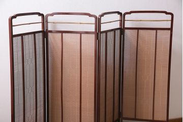 ビンテージ家具　漆塗り　波千鳥の図　凝ったつくりの四連折り畳み式パーテーション(衝立、仕切り)(R-046354)