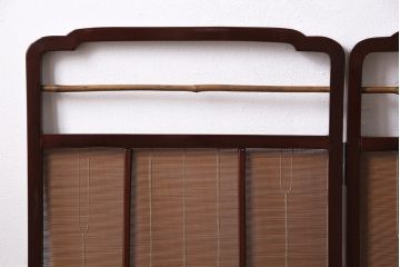 ビンテージ家具　漆塗り　波千鳥の図　凝ったつくりの四連折り畳み式パーテーション(衝立、仕切り)(R-046354)