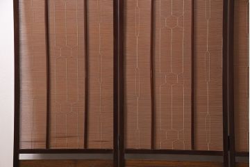 ビンテージ家具　漆塗り　波千鳥の図　凝ったつくりの四連折り畳み式パーテーション(衝立、仕切り)(R-046354)