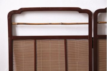 ビンテージ家具　漆塗り　波千鳥の図　凝ったつくりの四連折り畳み式パーテーション(衝立、仕切り)(R-046354)