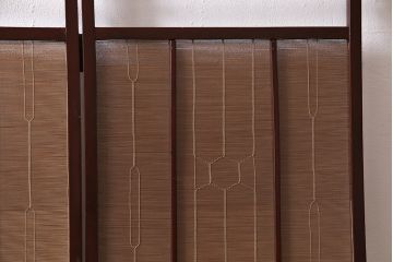 ビンテージ家具　漆塗り　波千鳥の図　凝ったつくりの四連折り畳み式パーテーション(衝立、仕切り)(R-046354)