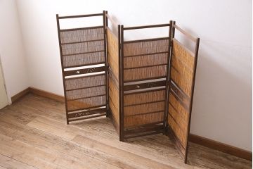 ビンテージ家具　レトロ　栓材　鳥と竹　透かしが素敵な四連折り畳み式パーテーション(衝立、仕切り)(R-046355)