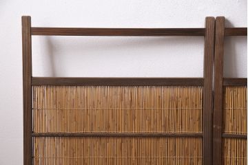 ビンテージ家具　レトロ　栓材　鳥と竹　透かしが素敵な四連折り畳み式パーテーション(衝立、仕切り)(R-046355)