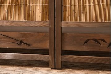 ビンテージ家具　レトロ　栓材　鳥と竹　透かしが素敵な四連折り畳み式パーテーション(衝立、仕切り)(R-046355)
