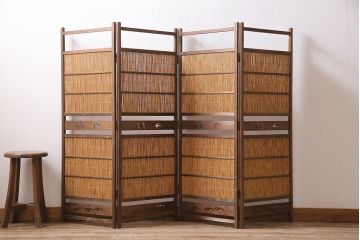 ビンテージ家具　レトロ　栓材　鳥と竹　透かしが素敵な四連折り畳み式パーテーション(衝立、仕切り)(R-046355)