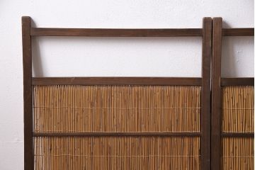 ビンテージ家具　レトロ　栓材　鳥と竹　透かしが素敵な四連折り畳み式パーテーション(衝立、仕切り)(R-046355)