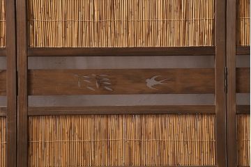 ビンテージ家具　レトロ　栓材　鳥と竹　透かしが素敵な四連折り畳み式パーテーション(衝立、仕切り)(R-046355)