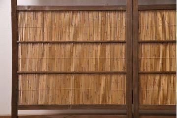 ビンテージ家具　レトロ　栓材　鳥と竹　透かしが素敵な四連折り畳み式パーテーション(衝立、仕切り)(R-046355)