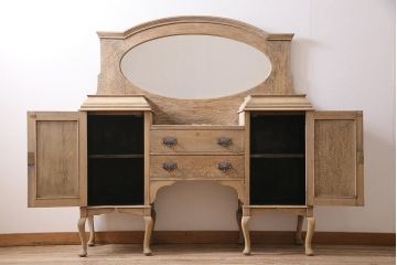 アンティーク家具　イギリスアンティーク　オーク材　猫脚がおしゃれなミラー付きサイドボード(リビングボード)(R-046356)