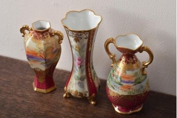 Noritake(ノリタケ)　HANDPAINTED　夕湖畔風景・薔薇(バラ)絵　花瓶3点　共箱(金彩、花器、フラワーベース)(R-046409)