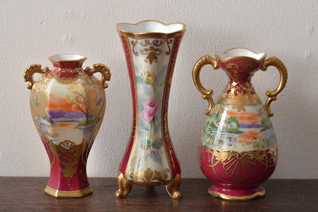 Noritake(ノリタケ)　HANDPAINTED　夕湖畔風景・薔薇(バラ)絵　花瓶3点　共箱(金彩、花器、フラワーベース)(R-046409)