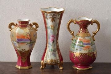 Noritake(ノリタケ)　HANDPAINTED　夕湖畔風景・薔薇(バラ)絵　花瓶3点　共箱(金彩、花器、フラワーベース)(R-046409)