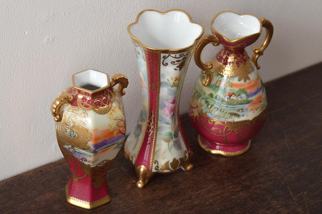 Noritake(ノリタケ)　HANDPAINTED　夕湖畔風景・薔薇(バラ)絵　花瓶3点　共箱(金彩、花器、フラワーベース)(R-046409)