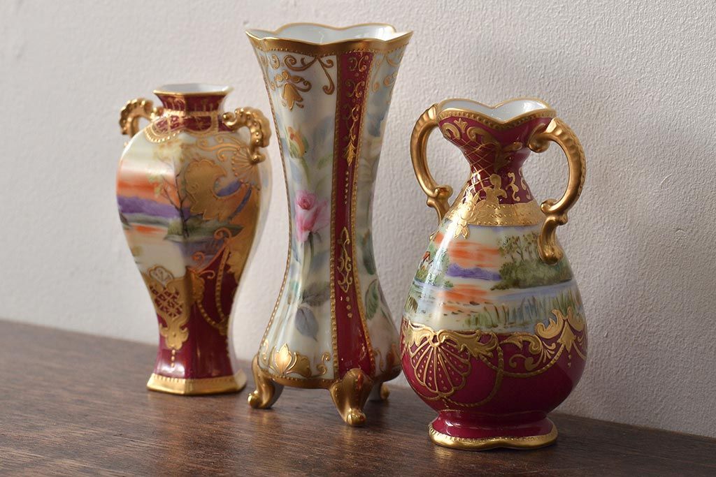 Noritake(ノリタケ)　HANDPAINTED　夕湖畔風景・薔薇(バラ)絵　花瓶3点　共箱(金彩、花器、フラワーベース)(R-046409)