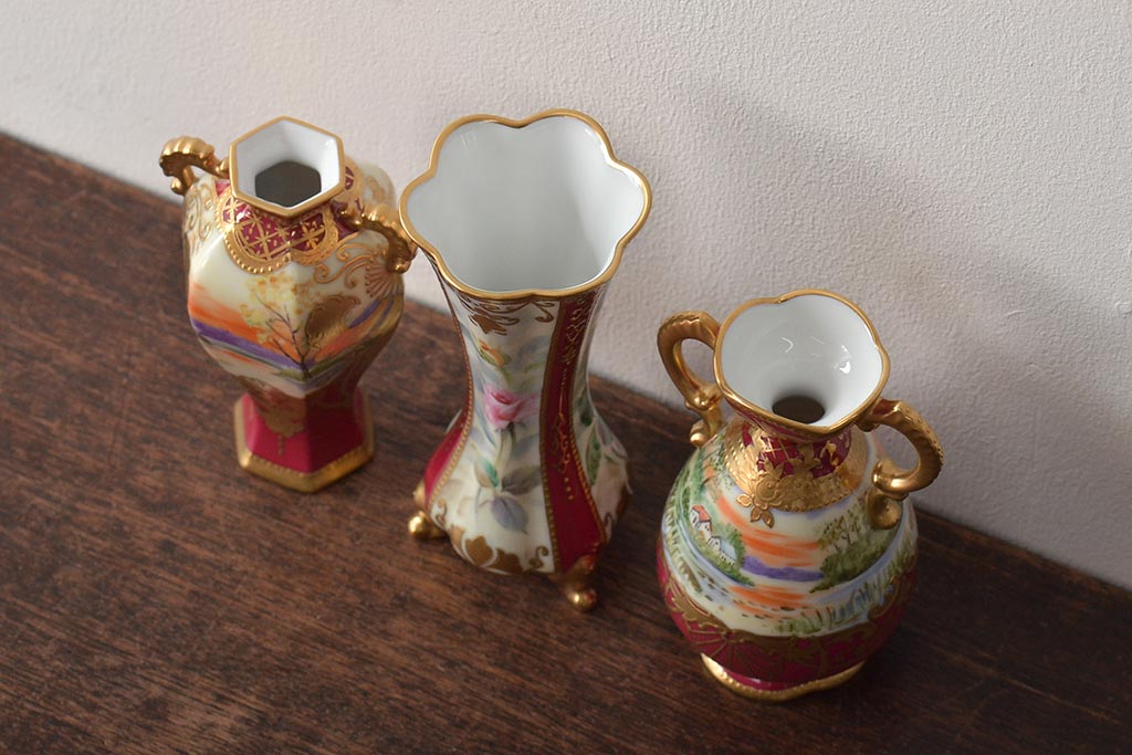 Noritake(ノリタケ)　HANDPAINTED　夕湖畔風景・薔薇(バラ)絵　花瓶3点　共箱(金彩、花器、フラワーベース)(R-046409)