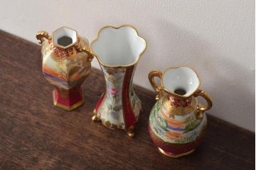 Noritake(ノリタケ)　HANDPAINTED　夕湖畔風景・薔薇(バラ)絵　花瓶3点　共箱(金彩、花器、フラワーベース)(R-046409)