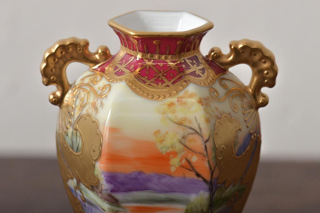 Noritake(ノリタケ)　HANDPAINTED　夕湖畔風景・薔薇(バラ)絵　花瓶3点　共箱(金彩、花器、フラワーベース)(R-046409)