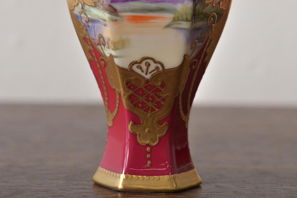 Noritake(ノリタケ)　HANDPAINTED　夕湖畔風景・薔薇(バラ)絵　花瓶3点　共箱(金彩、花器、フラワーベース)(R-046409)