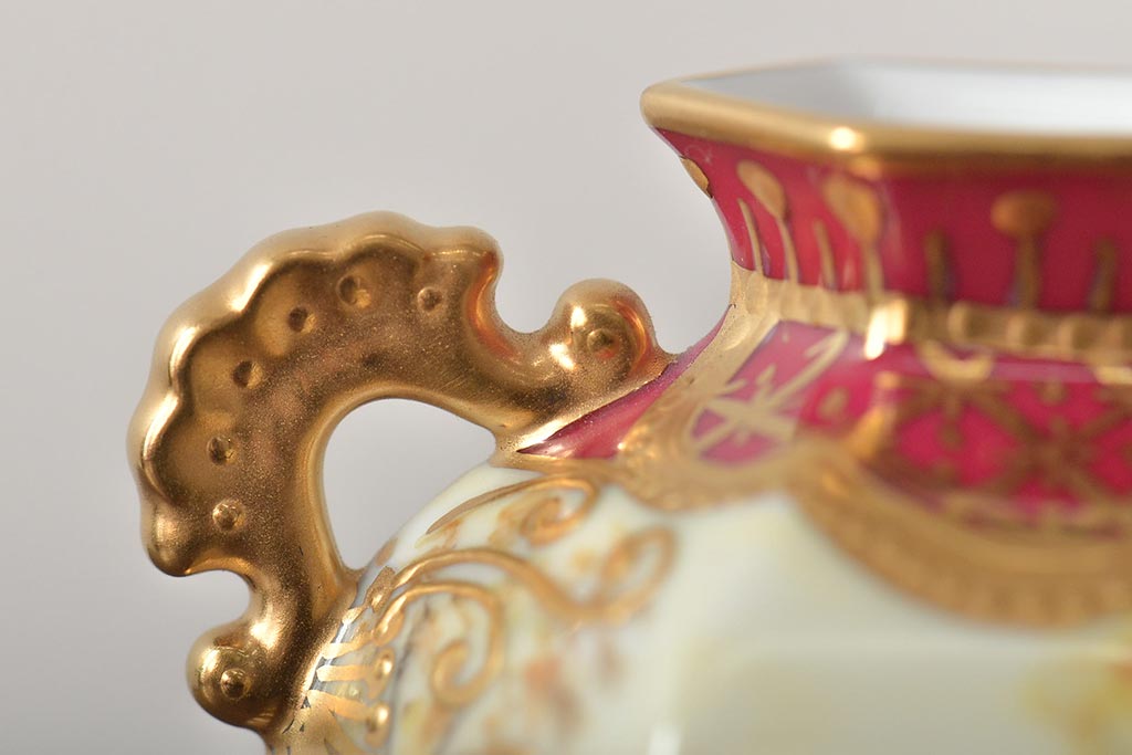 Noritake(ノリタケ)　HANDPAINTED　夕湖畔風景・薔薇(バラ)絵　花瓶3点　共箱(金彩、花器、フラワーベース)(R-046409)