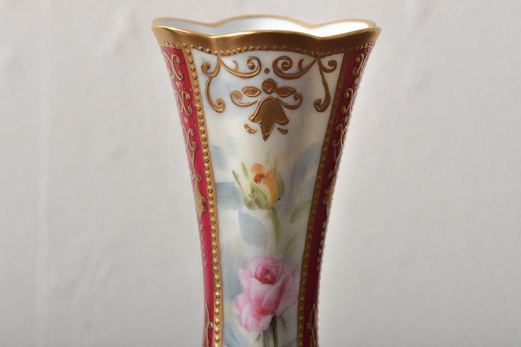 Noritake(ノリタケ)　HANDPAINTED　夕湖畔風景・薔薇(バラ)絵　花瓶3点　共箱(金彩、花器、フラワーベース)(R-046409)