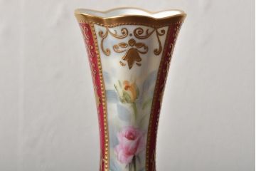 Noritake(ノリタケ)　HANDPAINTED　夕湖畔風景・薔薇(バラ)絵　花瓶3点　共箱(金彩、花器、フラワーベース)(R-046409)