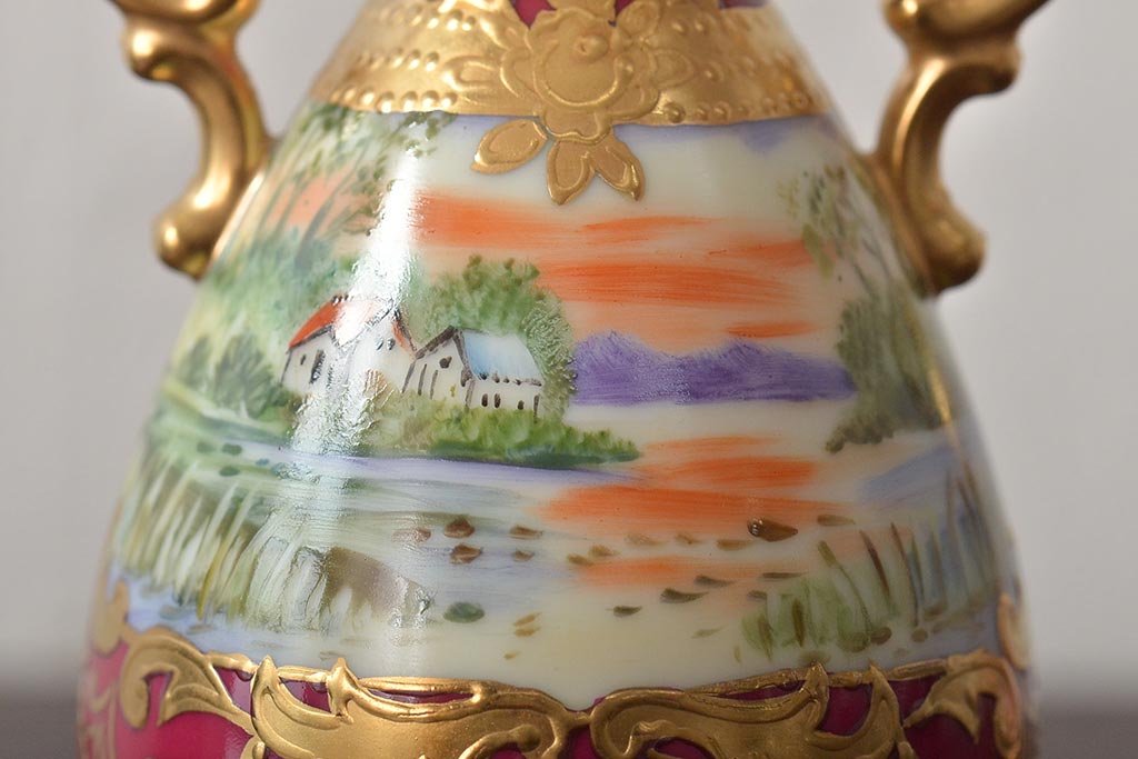 Noritake(ノリタケ)　HANDPAINTED　夕湖畔風景・薔薇(バラ)絵　花瓶3点　共箱(金彩、花器、フラワーベース)(R-046409)