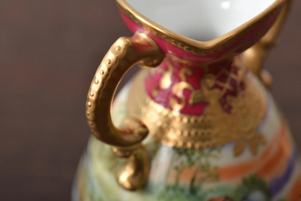 Noritake(ノリタケ)　HANDPAINTED　夕湖畔風景・薔薇(バラ)絵　花瓶3点　共箱(金彩、花器、フラワーベース)(R-046409)