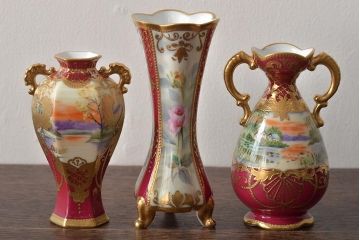 Noritake(ノリタケ)　HANDPAINTED　夕湖畔風景・薔薇(バラ)絵　花瓶3点　共箱(金彩、花器、フラワーベース)(R-046409)