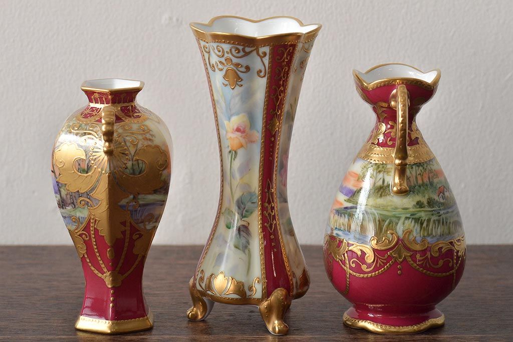 Noritake(ノリタケ)　HANDPAINTED　夕湖畔風景・薔薇(バラ)絵　花瓶3点　共箱(金彩、花器、フラワーベース)(R-046409)