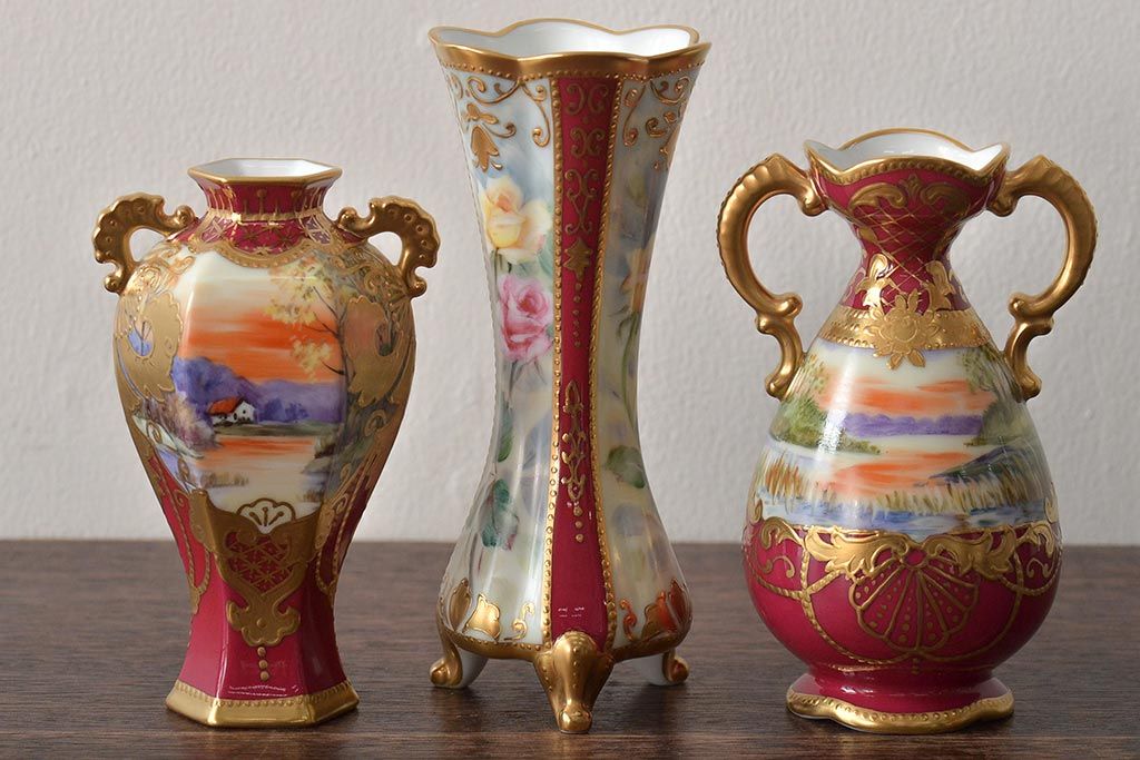 Noritake(ノリタケ)　HANDPAINTED　夕湖畔風景・薔薇(バラ)絵　花瓶3点　共箱(金彩、花器、フラワーベース)(R-046409)