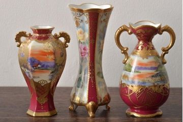 Noritake(ノリタケ)　HANDPAINTED　夕湖畔風景・薔薇(バラ)絵　花瓶3点　共箱(金彩、花器、フラワーベース)(R-046409)