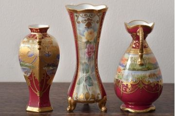 Noritake(ノリタケ)　HANDPAINTED　夕湖畔風景・薔薇(バラ)絵　花瓶3点　共箱(金彩、花器、フラワーベース)(R-046409)