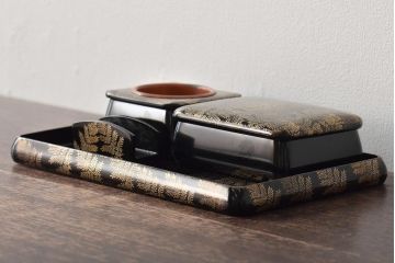 大正〜昭和初期　金蒔絵　木製煙草盆(たばこ盆、煙草入れ、火入れ)(R-046412)