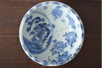 幕末〜明治　楼閣　唐　獅子　牡丹図　染付深鉢(深皿、和食器)(R-046413)