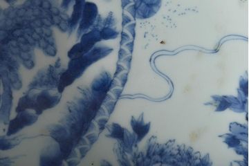 幕末〜明治　楼閣　唐　獅子　牡丹図　染付深鉢(深皿、和食器)(R-046413)