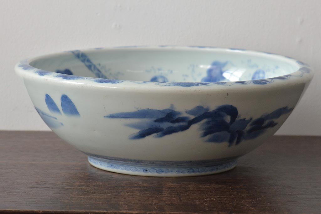 幕末〜明治　楼閣　唐　獅子　牡丹図　染付深鉢(深皿、和食器)(R-046413)